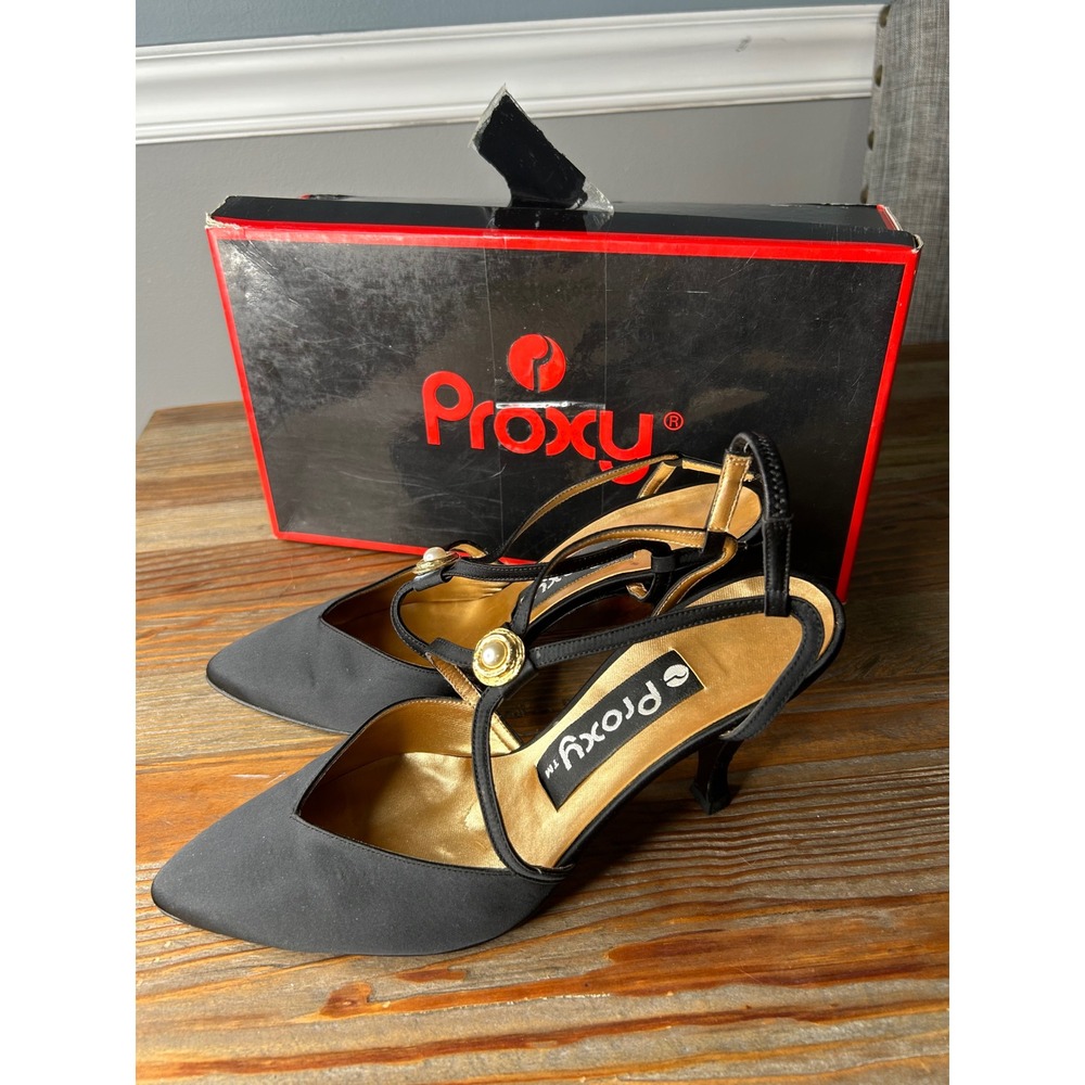 Proxy Black Satin Heels w Gold Accent‎ Pearl Slingback Occasion Dress Shoes